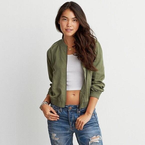 American Eagle Outfitters Tencel Bomber Jacket in Olive Green Size Large - Picture 1 of 10